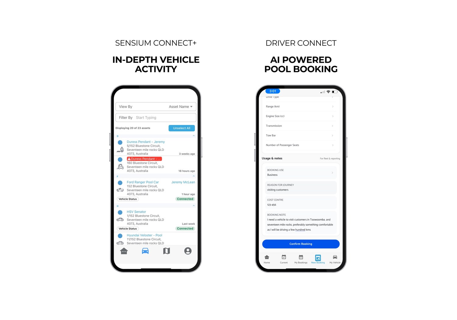 The Sensium Connect+ and Driver Connect apps shown on two iPhones — live vehicle activity and AI pool vehicle booking.