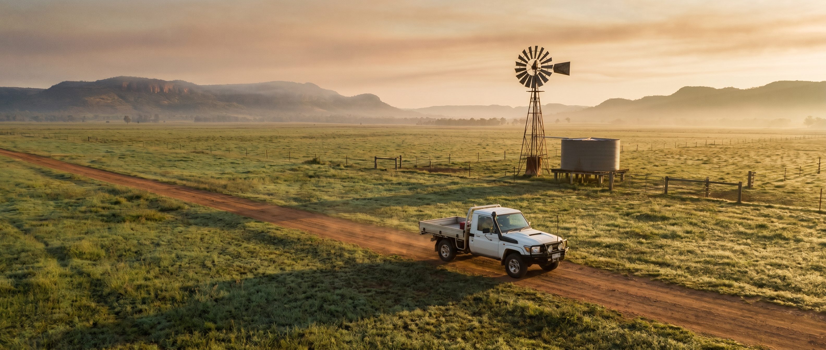 A white farm ute driving a wide red-dirt station track between paddocks at dawn, a windmill and water tank in the distance.