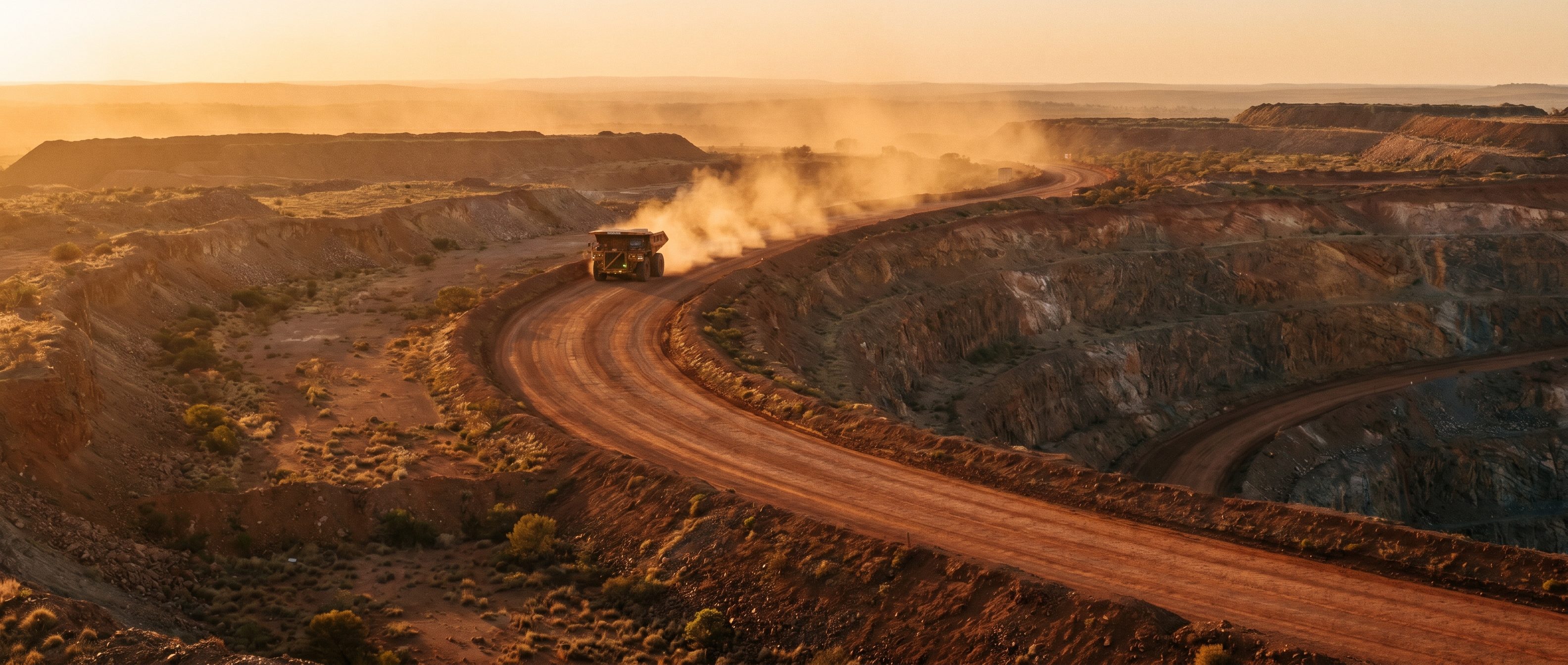 A red-dirt haul road sweeping through an open-cut mine at dawn, a haul truck trailing golden dust in the middle distance.