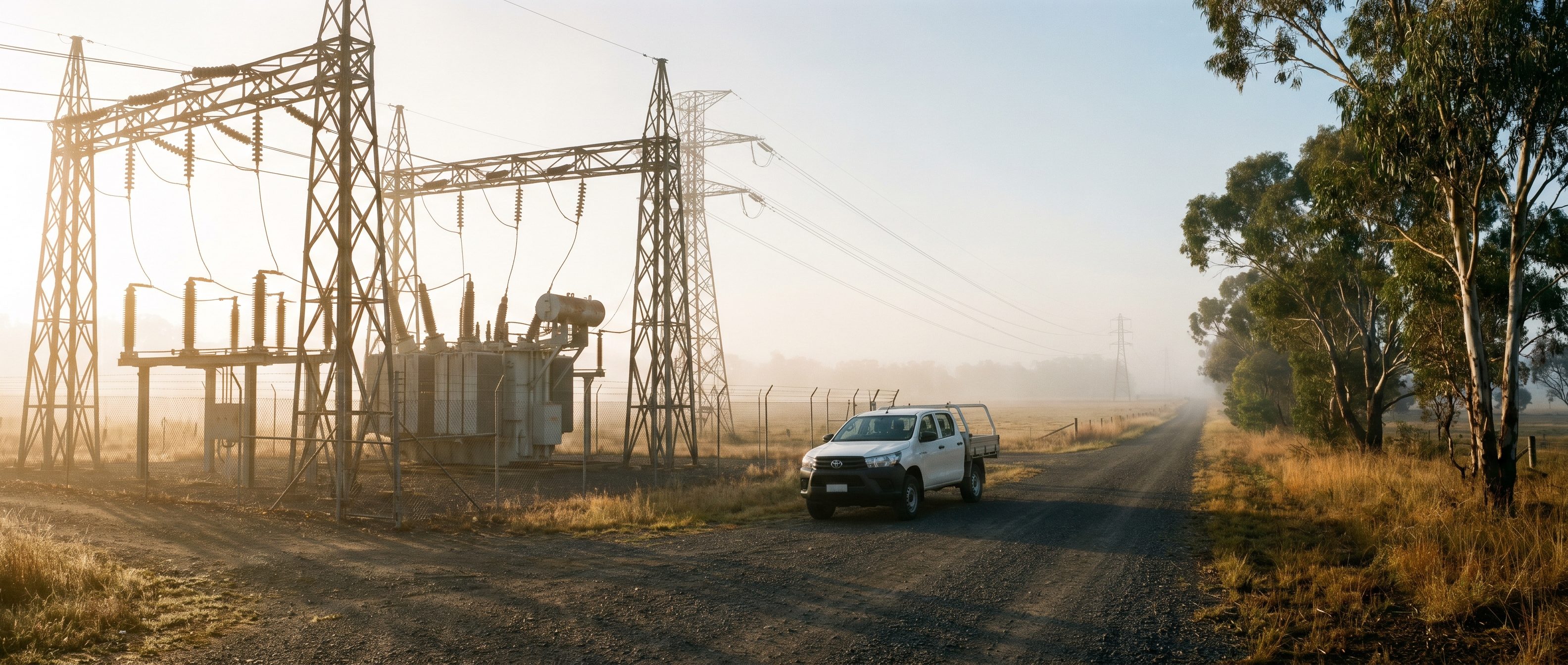 A rural electrical substation in early morning mist, a white utility ute parked on the gravel access track, transmission lines receding across open paddocks.