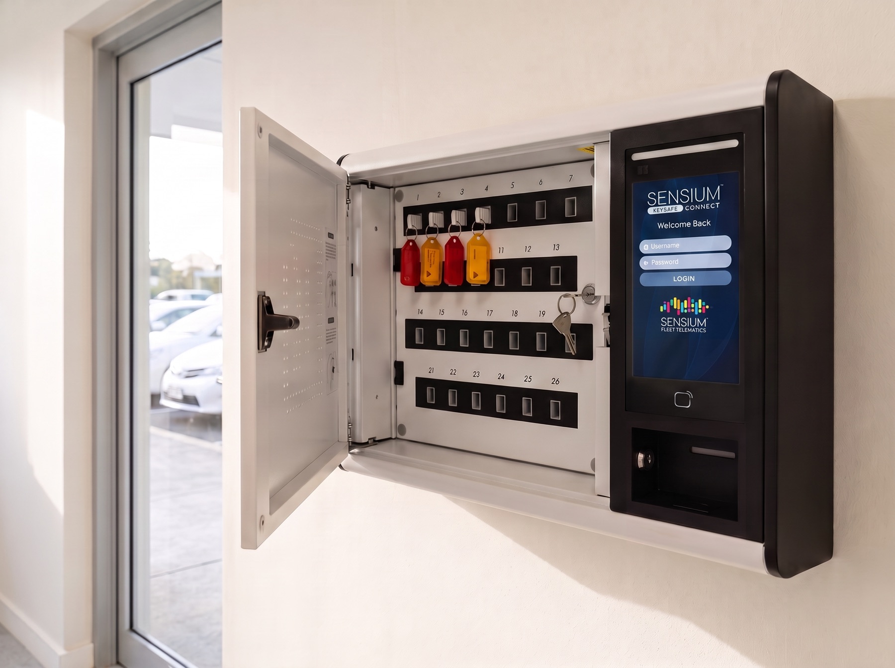 Sensium Electronic Key Cabinet mounted on a corridor wall with its door open, beside a glazed door to a car park where white pool vehicles are parked.