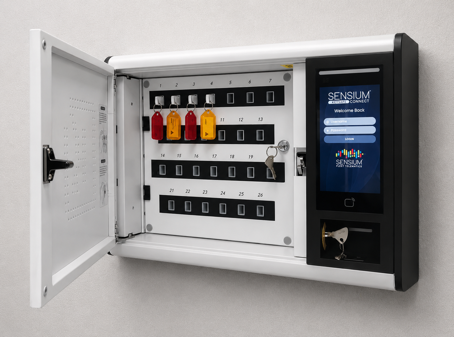 Sensium Keysafe Connect electronic key cabinet, wall-mounted and open, showing colour-tagged key hooks, a key drawer, and the branded access touchscreen.