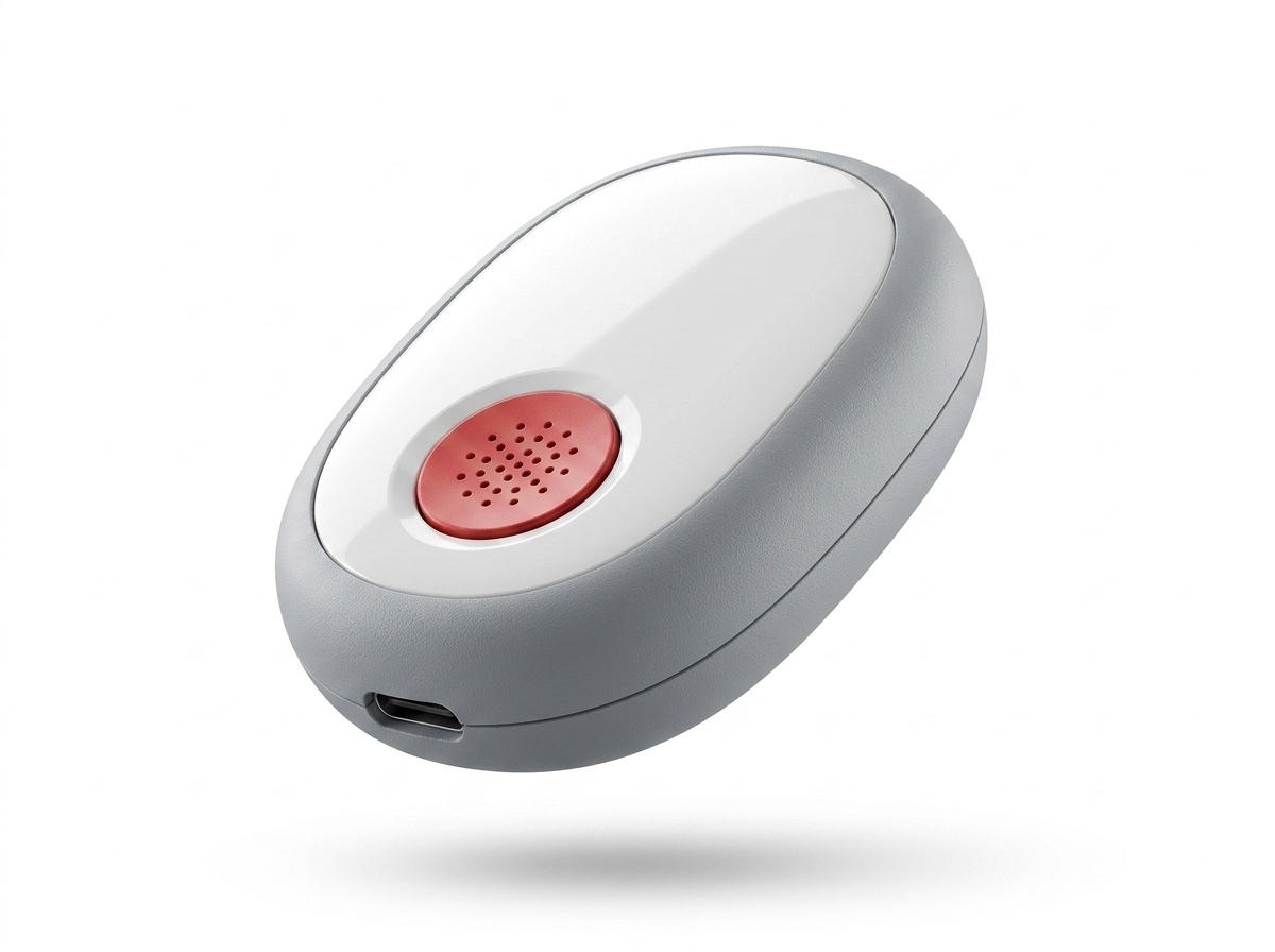 Sensium LoRa remote duress pendant — palm-sized two-tone grey and white device with red emergency button and USB-C charging port.