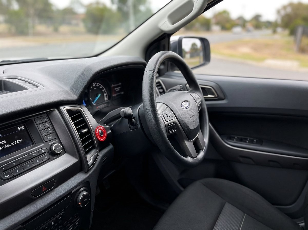 The red EMERGENCY panic button mounted on a work-vehicle dashboard within easy reach of the driver, steering wheel and dash visible.