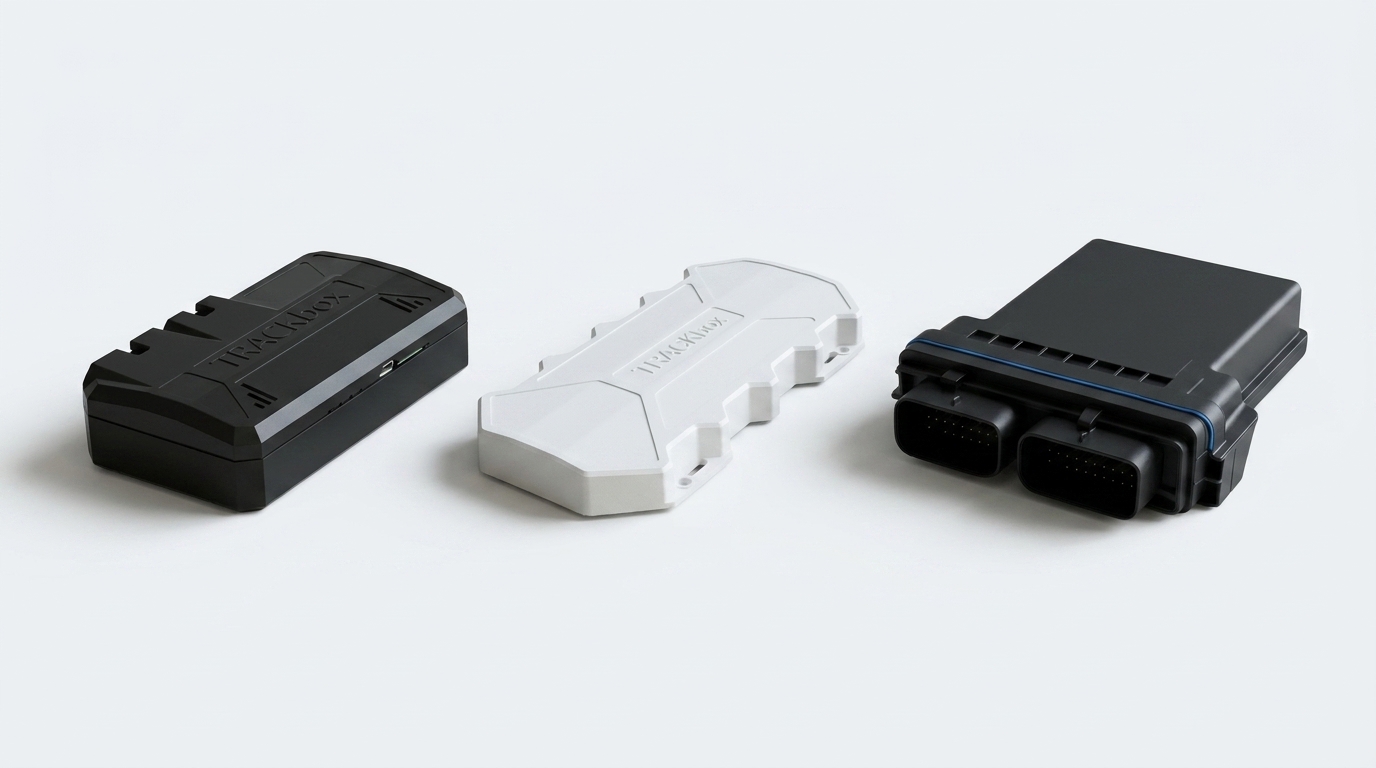 The Sensium TRACKbox product family — TB2 (compact black hard-wired unit), TB3 (white sealed asset tracker) and TB4 (black industrial unit with twin keyed connectors), designed and manufactured in Australia.