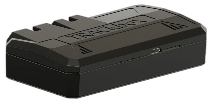 TRACKbox TB2 — compact black hard-wired in-vehicle telematics unit with embossed TRACKbox branding.