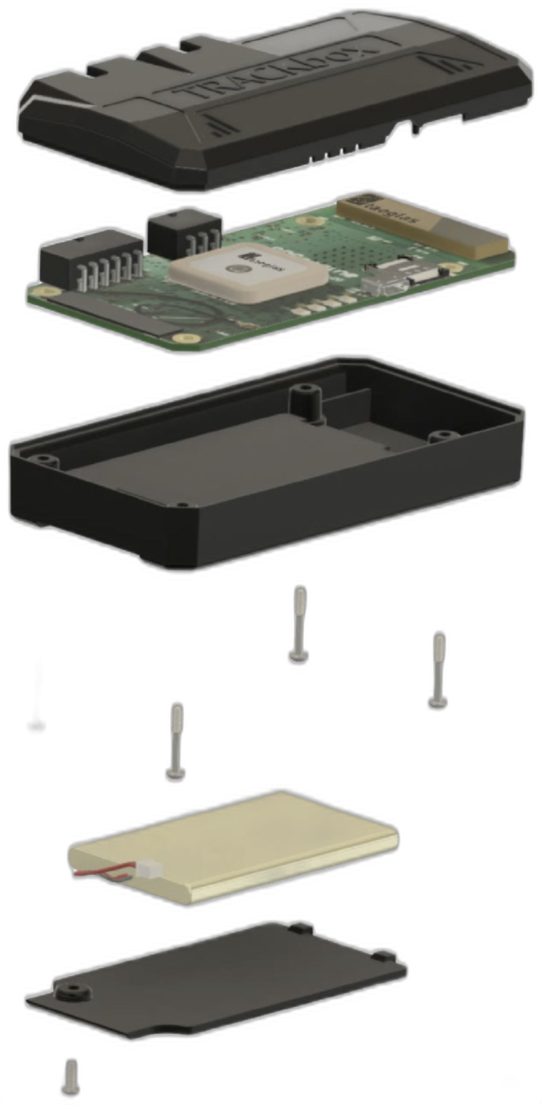 TRACKbox TB2 exploded view — black embossed top cover, populated PCB with GPS module, sealed enclosure, battery, base plate and fixing screws.