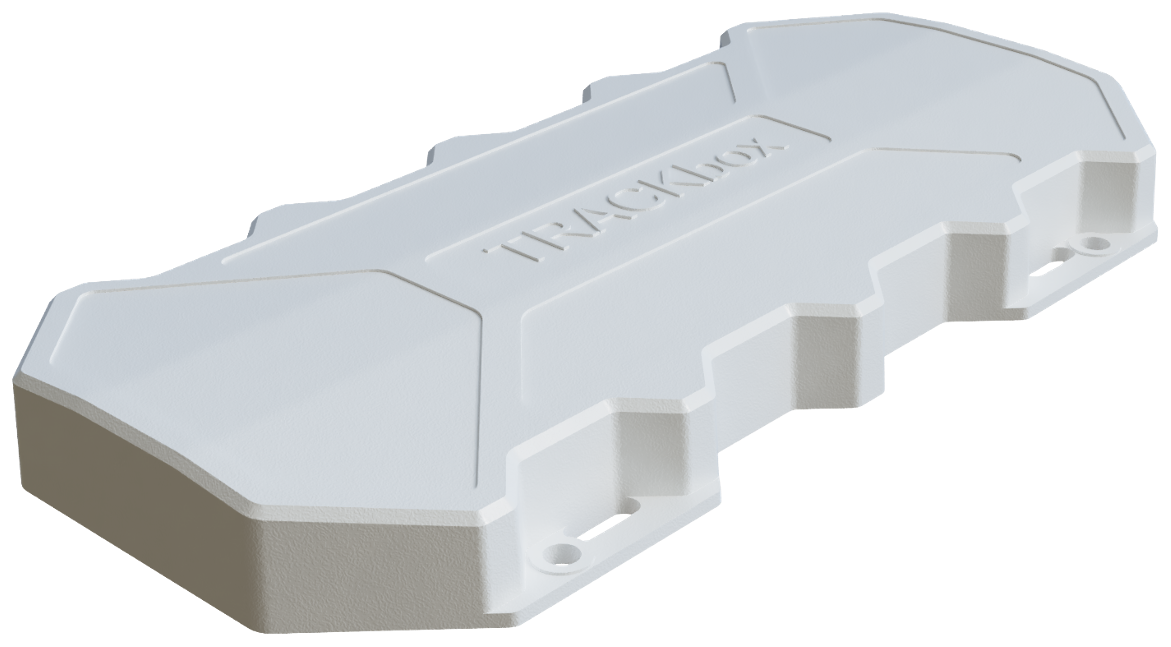Sensium TRACKbox TB3 — white ruggedised asset-tracker enclosure with embossed TRACKbox branding.