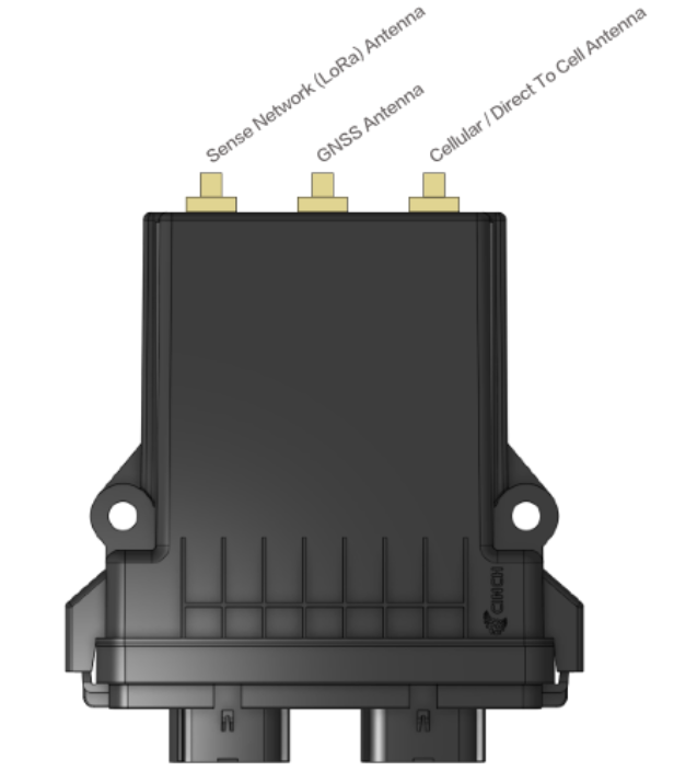 TRACKbox 4 antenna detail — three SMA antenna pins on the top edge labelled Sense Network (LoRa), GNSS, and Cellular / Direct to Cell.