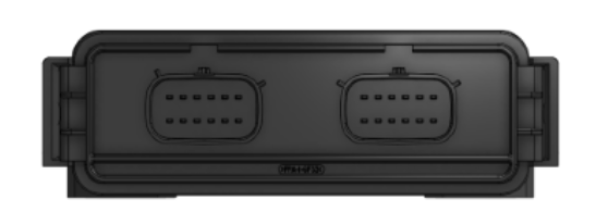 TRACKbox 4 connector detail — two keyed automotive connector housings on the front face of the black industrial casing, internal pin grids visible.