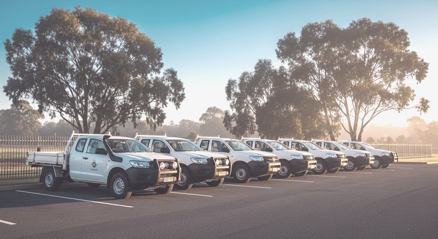 A fleet of white council utility vehicles lined up at a depot at dawn.