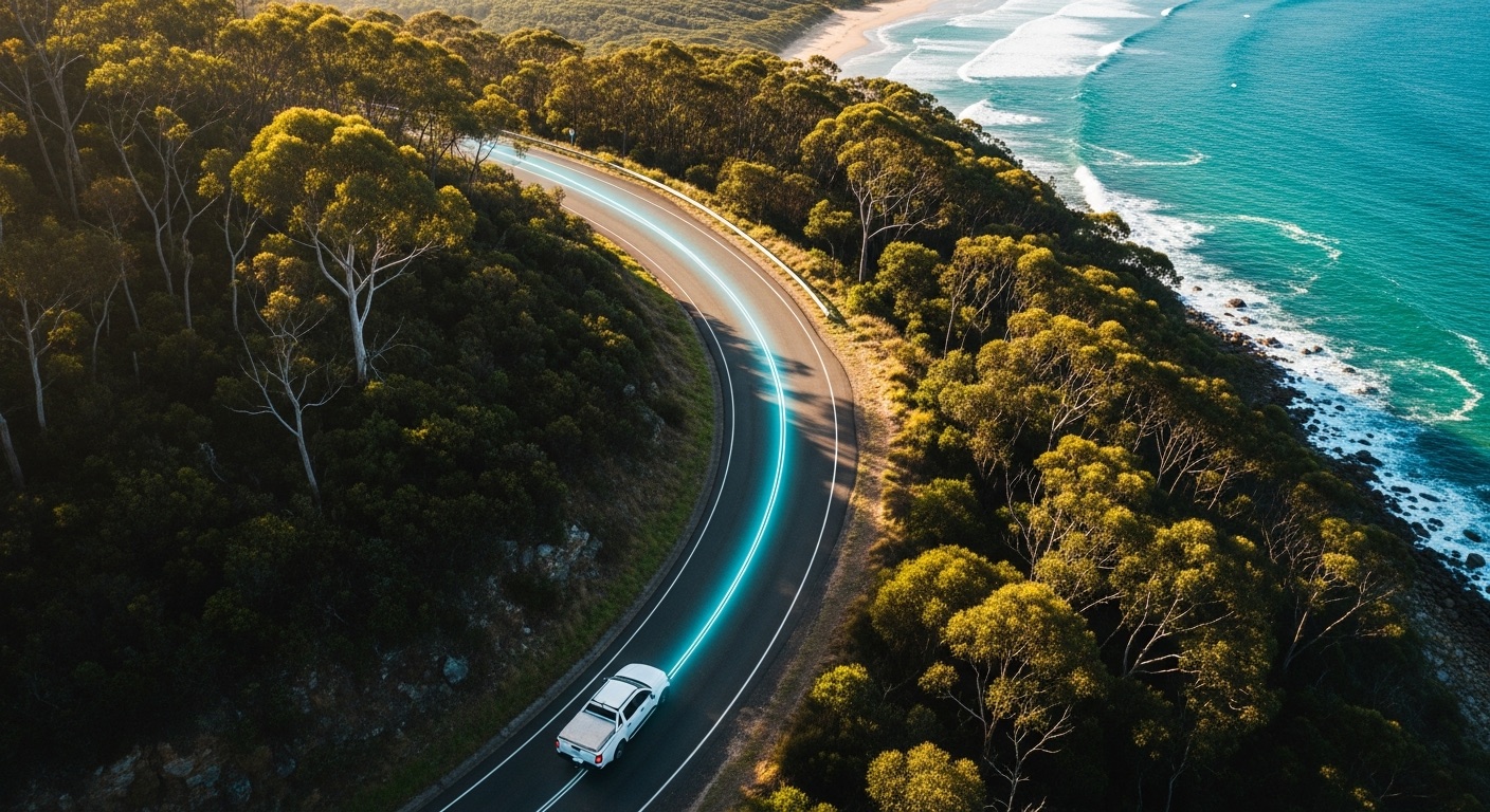 Aerial view of a vehicle on a winding Australian coastal road, tracing its route across the country.
