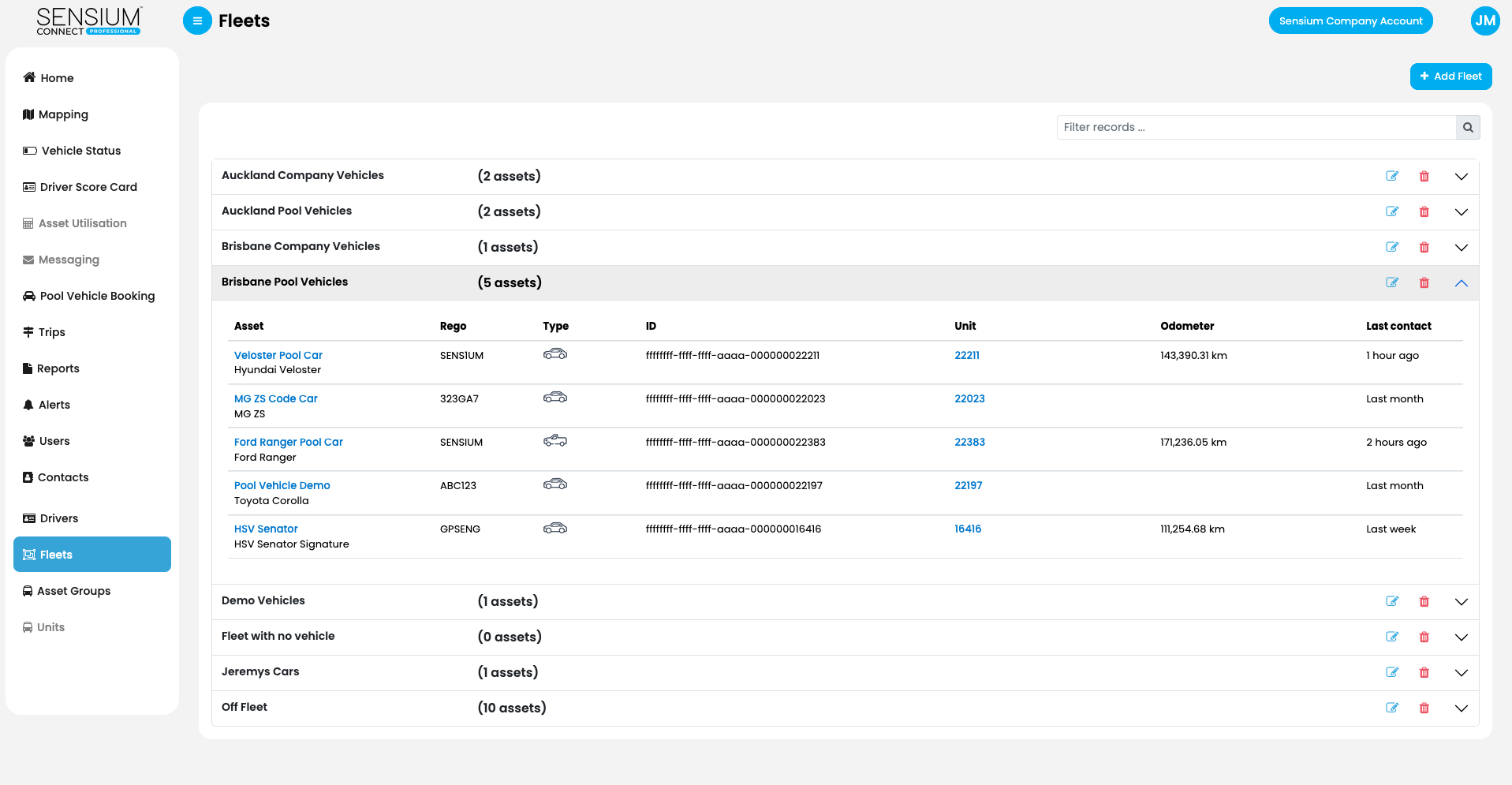 Sensium Connect — utility fleet groupings by depot and cost centre. Real customer data anonymised.
