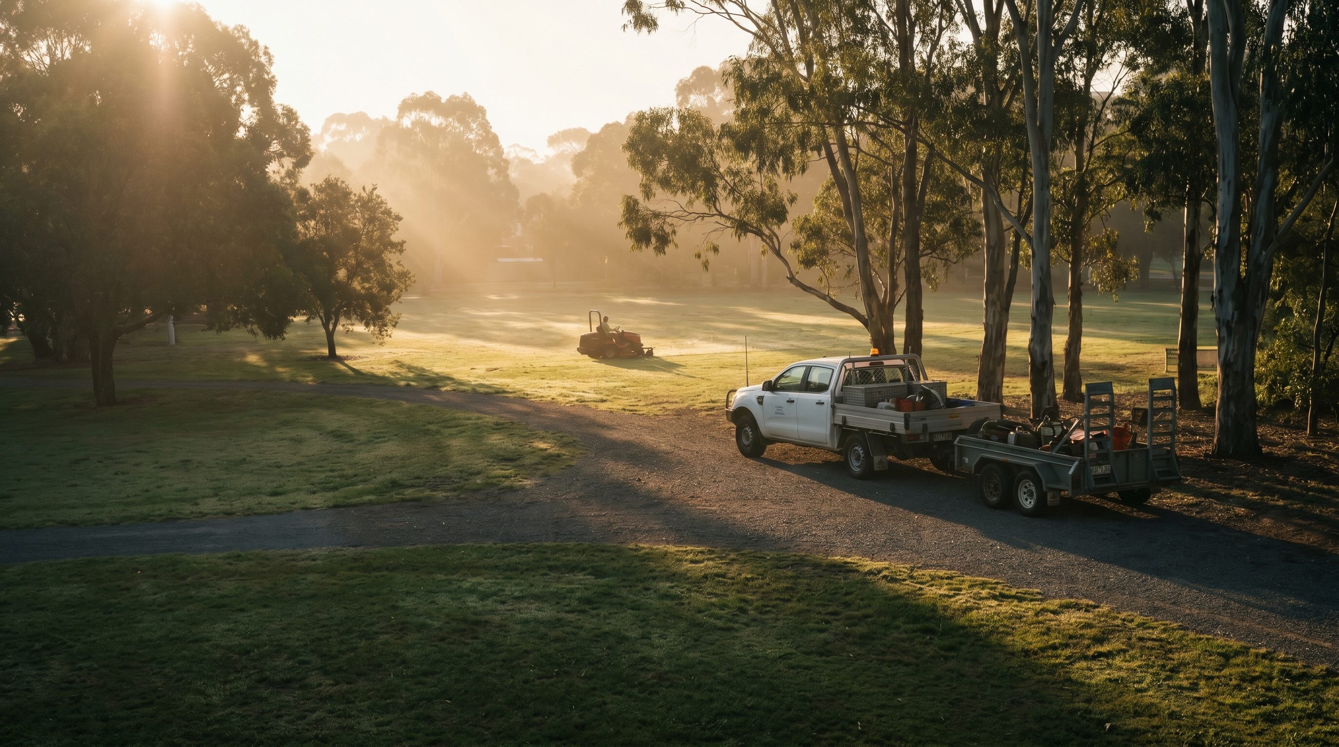 A council parks crew at first light: a white work ute with an equipment trailer on a park path, a ride-on mower working the dewy grass beyond, sun rising through eucalyptus trees.