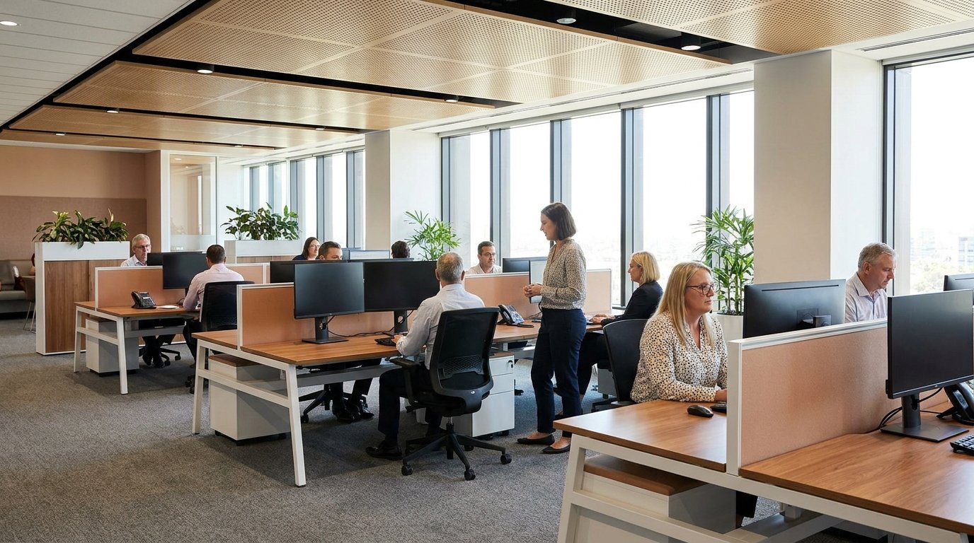 A modern, bright Australian government agency open-plan office with staff working at contemporary desks, large windows and natural light.