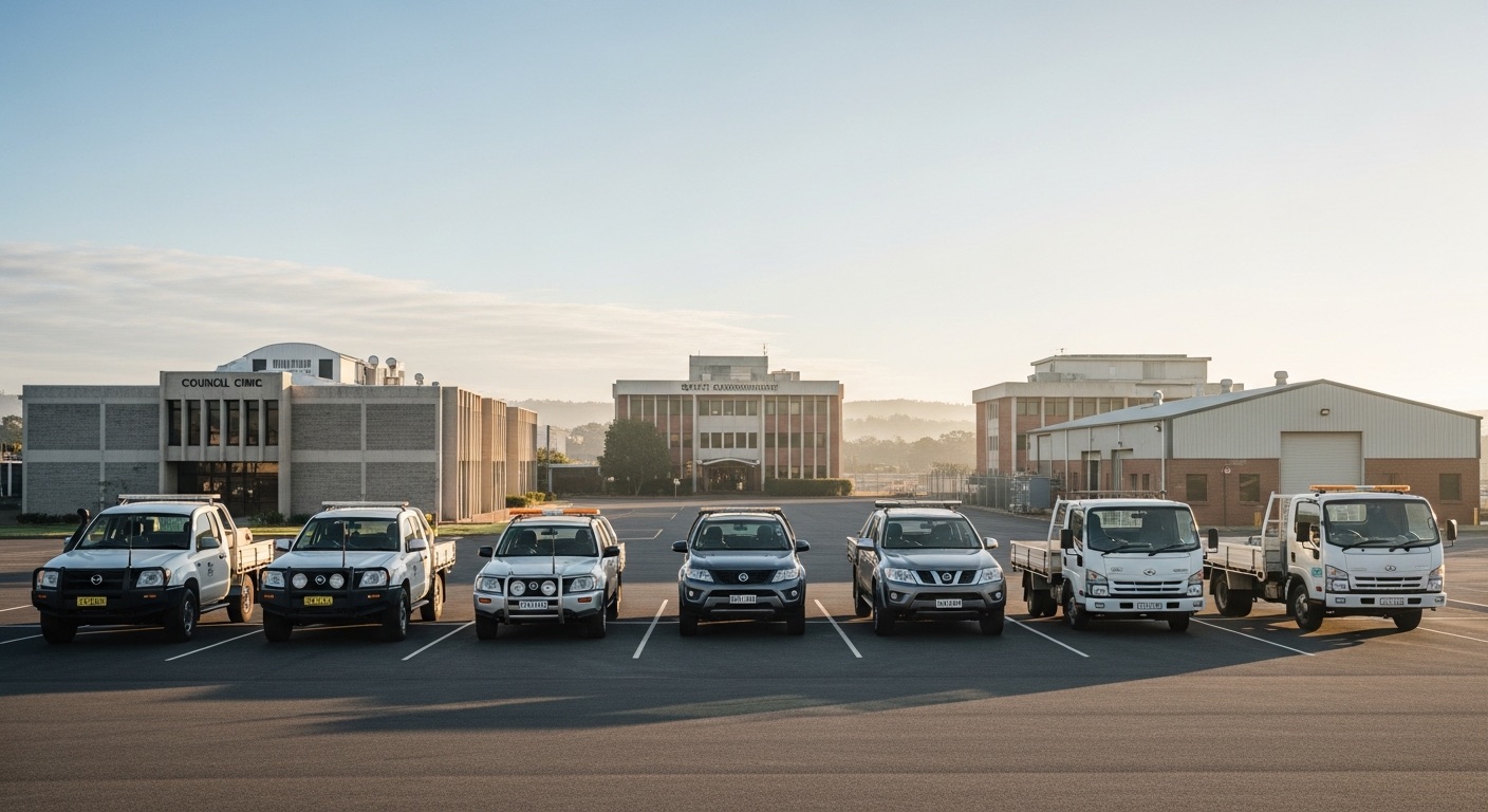 Government and council fleet vehicles at a depot — the operational environment where shared physical keys need booking-governed release.