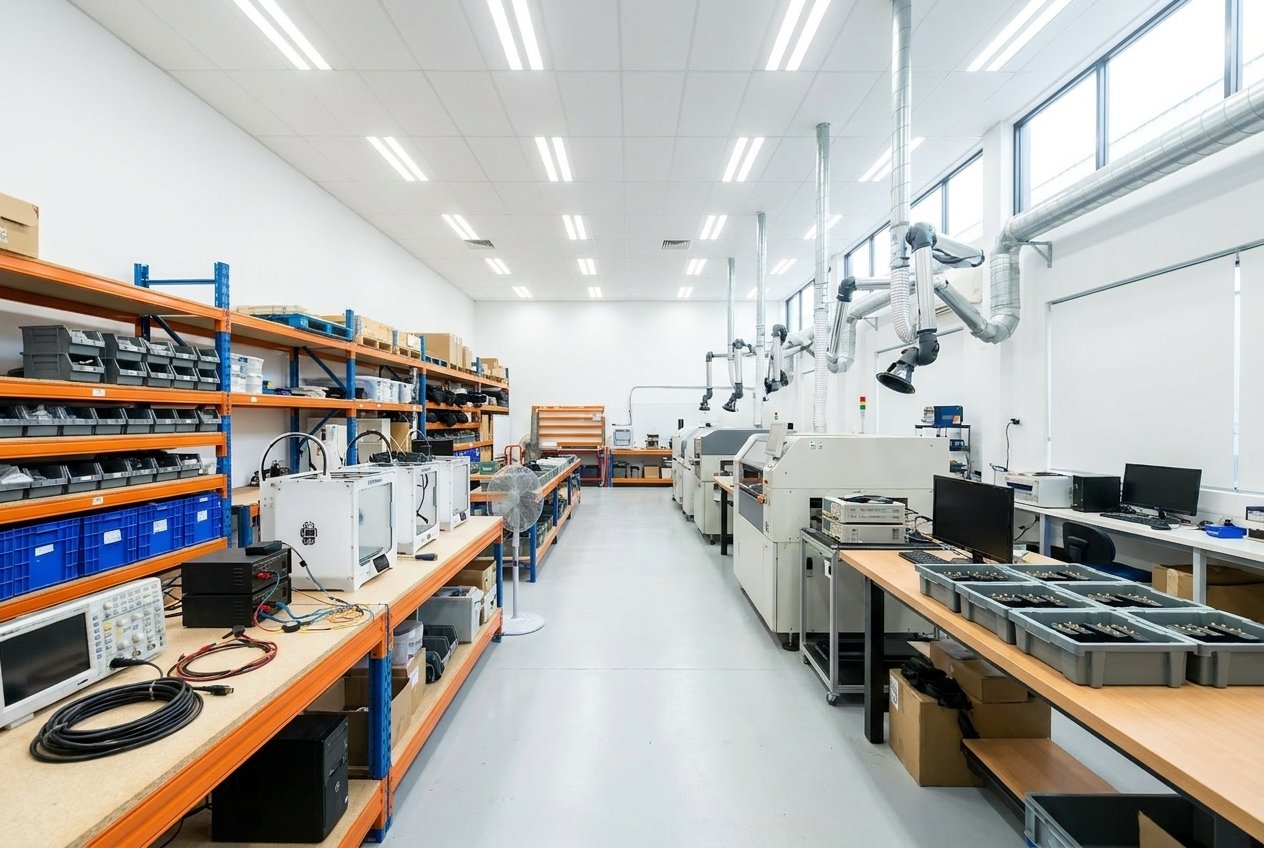 The Sensium electronics assembly room in Australia: orange and blue industrial racking with parts bins, workbenches with 3D printers and test equipment, an SMT production line, and trays of components.